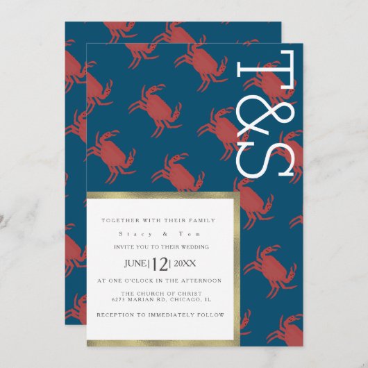 Minimalistische Crab Broil Gold Typografy Wedding Einladung (Vorne/Hinten)