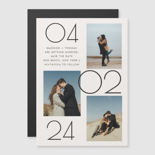 Minimalistische Creme 3 Foto Hochzeit speichern Da Magneteinladung (Vorne/Hinten)