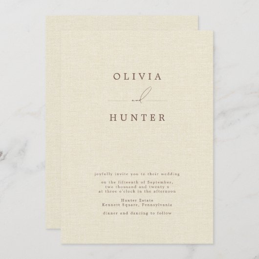 Minimalistische Creme Imitate Linen Wedding Einladung (Vorne/Hinten)