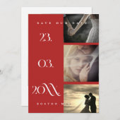 Minimalistische Crimson Red Script 3 Foto Wedding Save The Date (Vorne/Hinten)