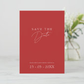 Minimalistische Crimson Red Script Foto Wedding Save The Date (Stehend Vorderseite)