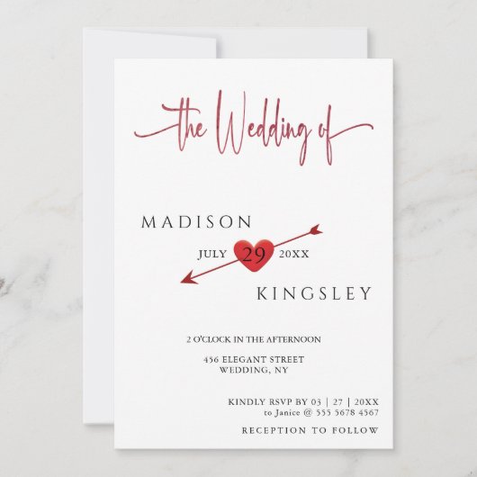 Minimalistische Cupid Arrow Herzblut Hochzeit Einladung (Vorderseite)