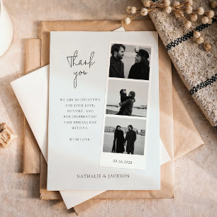 Minimalistische Drei-Foto-Streifen-Hochzeit  Dankeskarte