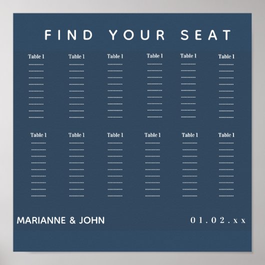 Minimalistische Dunkelblau-2-Ton-Hochzeitstabelle Poster (Vorne)