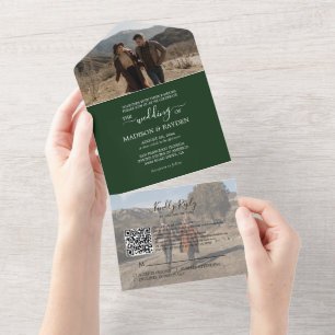 Minimalistische dunkelgrüne QR-Code-RSVP-Hochzeit All In One Einladung