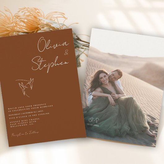 Minimalistische Dunkelrost Romantische Foto Hochze Einladung