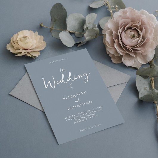 Minimalistische Dusty Blue Calligraphy Wedding Folieneinladung