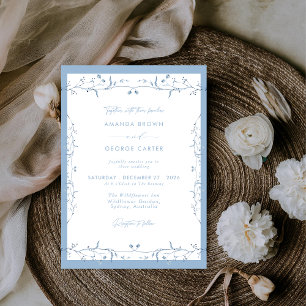 Minimalistische Dusty Blue Chinoiserie Blumenhochz Einladung