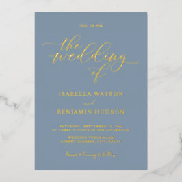 Minimalistische Dusty Blue Gold Calligrafy Wedding Folieneinladung