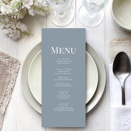 Minimalistische Dusty Blue Monogram Wedding Menu C Menükarte