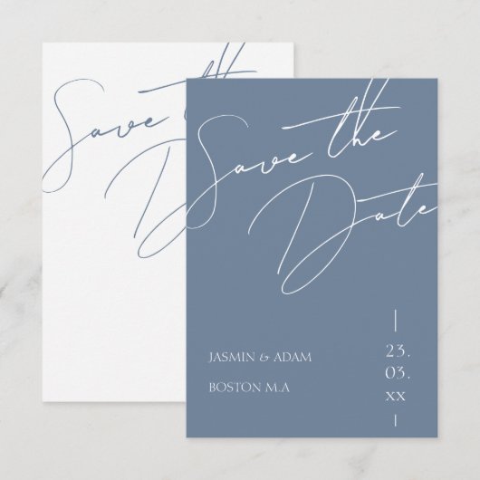 Minimalistische Dusty Blue Script Typografy Weddin Save The Date (Vorne/Hinten)