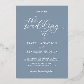 Minimalistische Dusty Blue Silver Calligraphy Wedd Folieneinladung