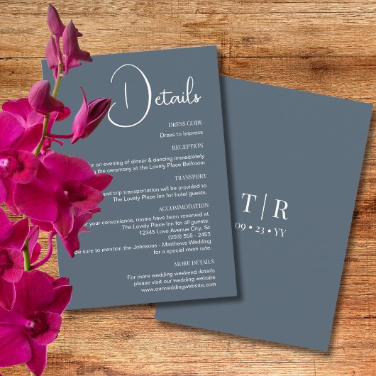 Minimalistische Dusty Blue Wedding Details Begleitkarte