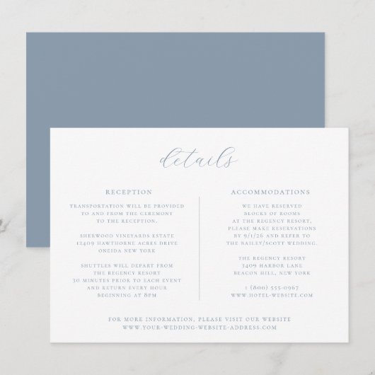 Minimalistische Dusty Blue Wedding Details Card Einladung (Vorne/Hinten)