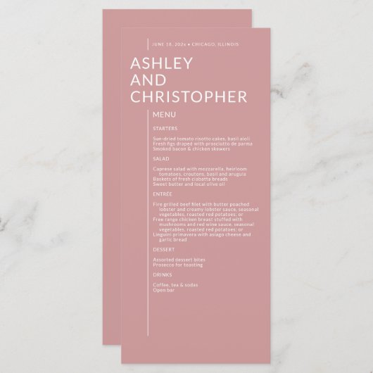 Minimalistische Dusty Rose Abgeschiedene Namen Hoc Menükarte (Vorne/Hinten)