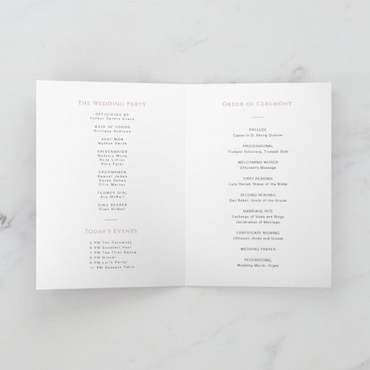 Minimalistische Dusty Rose Folded Wedding Programm (Innenseite)