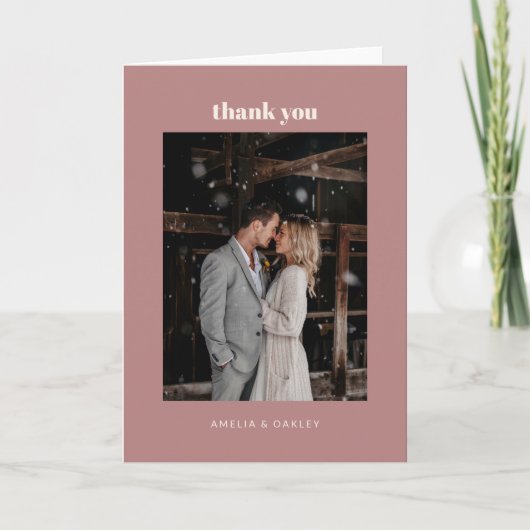 Minimalistische Dusty-Rose Hochzeit Foto geklappt Dankeskarte (Vorderseite)