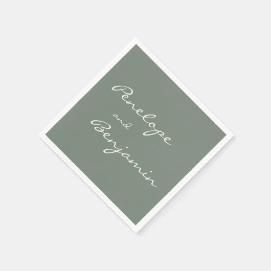 Minimalistische Dusty Sage Green Script Wedding Cu Serviette (Ecke)