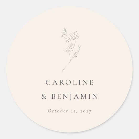 Minimalistische Ecru Floral Line Art Wedding Custo Runder Aufkleber (Vorderseite)