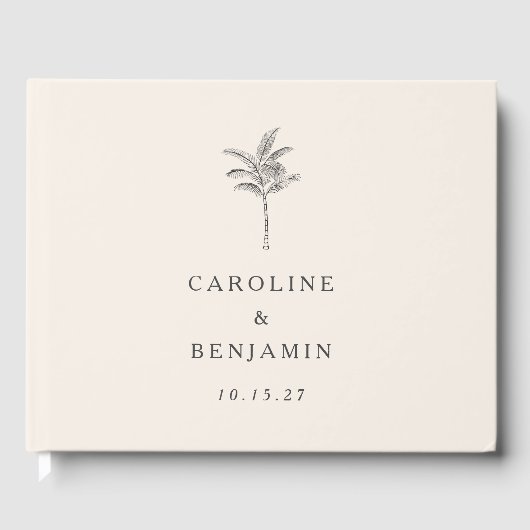 Minimalistische Ecru Palm Tree Line Kunst Hochzeit Gästebuch (Vorderseite)