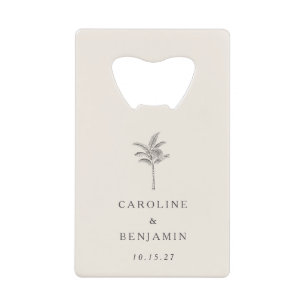 Minimalistische Ecru Palm Tree Line Kunst Hochzeit Geldbeutel Flaschenöffner