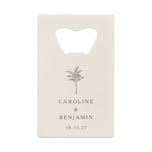 Minimalistische Ecru Palm Tree Line Kunst Hochzeit Geldbeutel Flaschenöffner (Vorderseite)