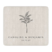 Minimalistische Ecru Palm Tree Line Kunst Hochzeit Schneidebrett (Vorderseite)