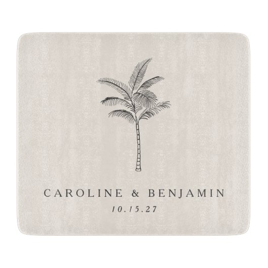 Minimalistische Ecru Palm Tree Line Kunst Hochzeit Schneidebrett (Vorderseite)