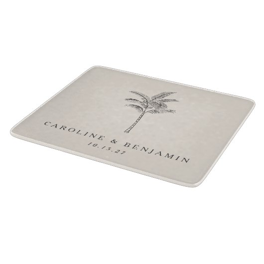 Minimalistische Ecru Palm Tree Line Kunst Hochzeit Schneidebrett (Ecke)