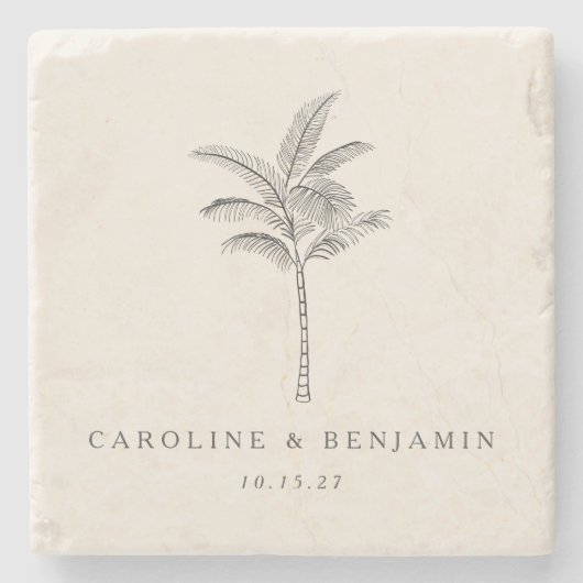 Minimalistische Ecru Palm Tree Line Kunst Hochzeit Steinuntersetzer (Vorderseite)