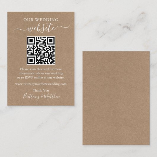 Minimalistische Einfache Hochzeit Website QR Kraft Begleitkarte (Vorne/Hinten)