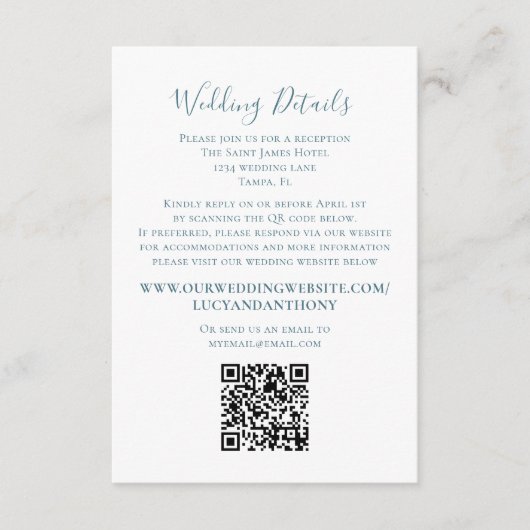 Minimalistische einfache Hochzeitdetails QR Code B Begleitkarte (Vorderseite)