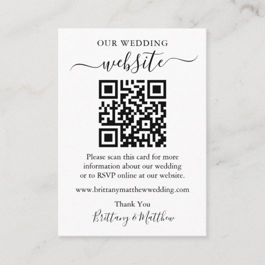 Minimalistische einfache Hochzeitwebsite QR Begleitkarte (Vorderseite)