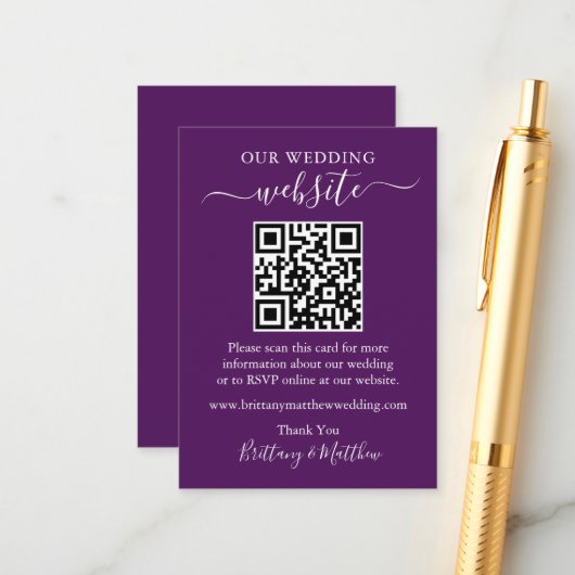 Minimalistische einfache Hochzeitwebsite QR Lila Begleitkarte (Vorderseite/Rückseite Beispiel)