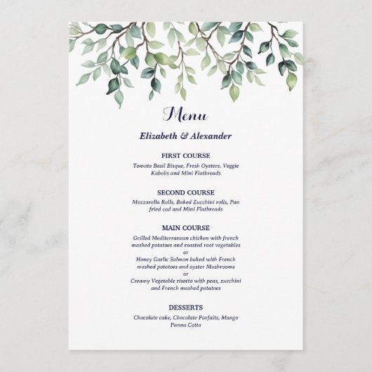 Minimalistische einfache Hübsche Blätter Zweige Ho Menükarte (Vorderseite)