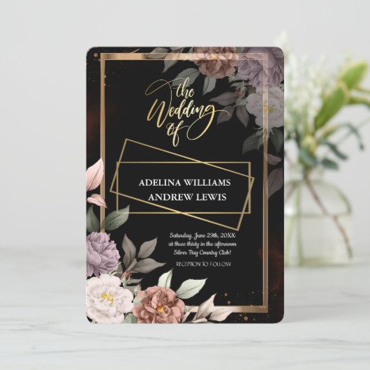 Minimalistische einfache Rose, Goldrahmen-Hochzeit Einladung (Stehend Vorderseite)