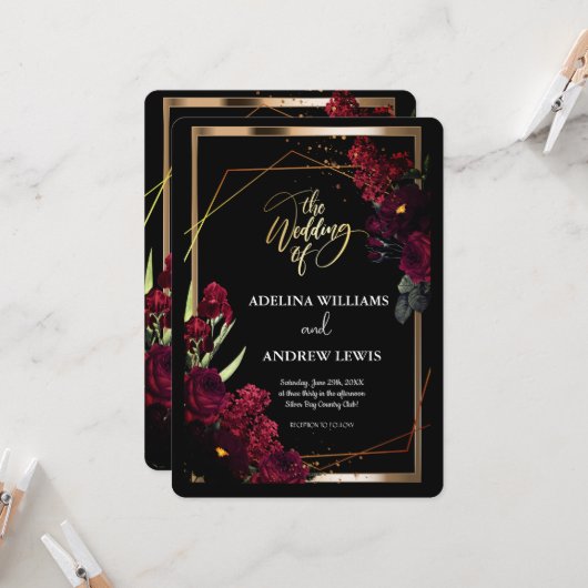 Minimalistische einfache Rote Rose, Goldrahmen-Ein Einladung (Vorderseite/Rückseite Beispiel)