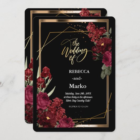 Minimalistische einfache Rote Rose, Goldrahmen-Ein Einladung (Vorne/Hinten)