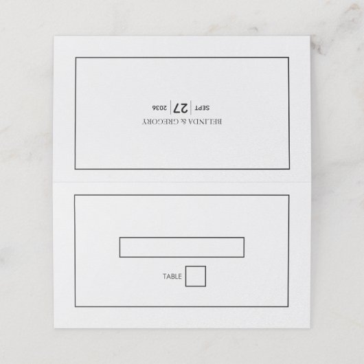 Minimalistische einfache Schwarz-Weiß-Hochzeit Platzkarte (Außenseite Aufgefaltet)