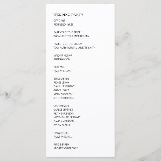 Minimalistische, einfache Schwarz-Weiß-Hochzeit Programm (Rückseite)