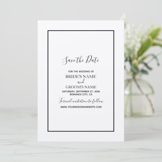Minimalistische einfache Schwarz-Weiß-Hochzeit Save The Date (Stehend Vorderseite)