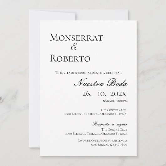 Minimalistische Einladung zur Hochzeit auf Spanisc (Vorderseite)