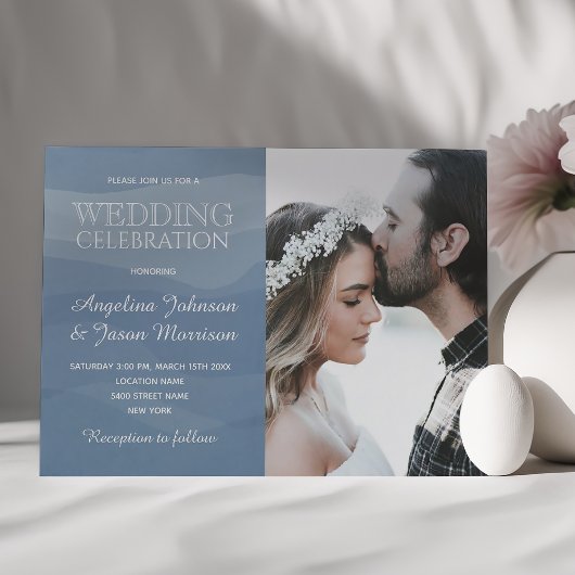 Minimalistische Elegant Dusty Blue Foto Wedding Einladung