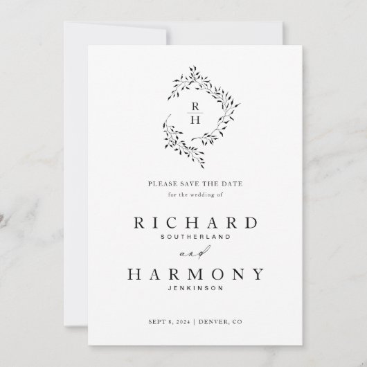 Minimalistische Elegant Monogram Leaf Wreath Weddi Save The Date (Vorderseite)