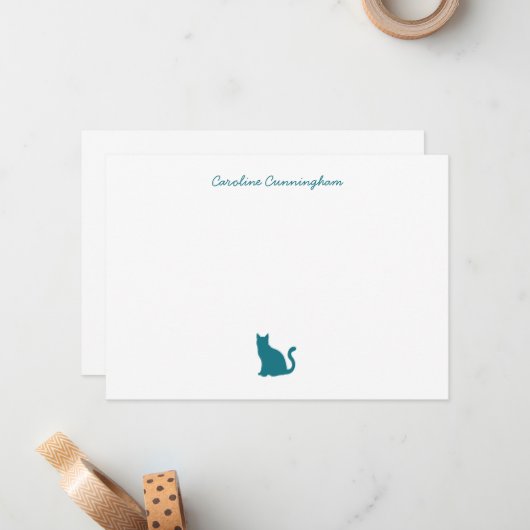 Minimalistische Elegante Aqua Cat Flat Note Card Mitteilungskarte (Vorderseite/Rückseite Beispiel)