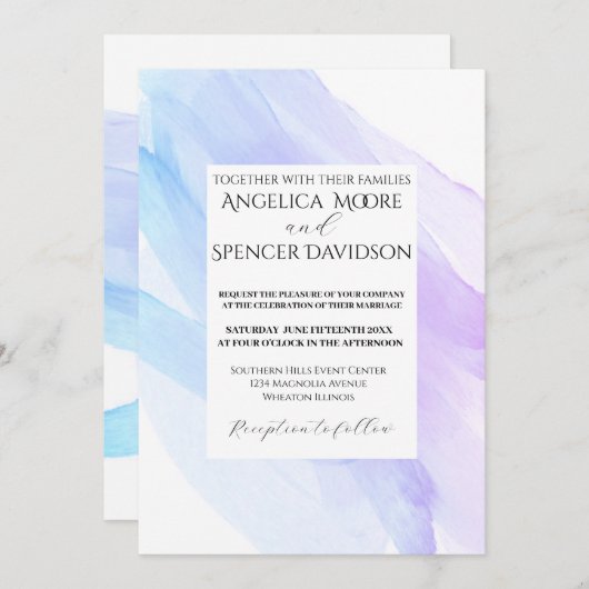 Minimalistische, elegante, blaue lila Hochzeit Einladung (Vorne/Hinten)