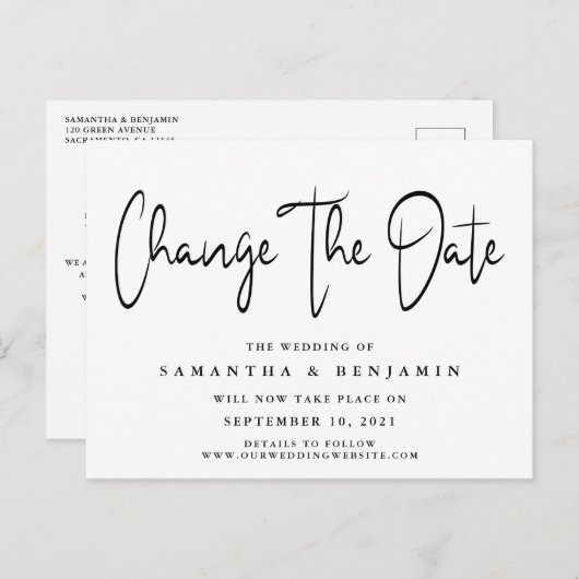 Minimalistische Elegante Hochzeit ändert das Datum Ankündigungspostkarte (Vorne/Hinten)