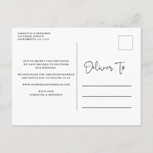 Minimalistische Elegante Hochzeit ändert das Datum Ankündigungspostkarte (Rückseite)