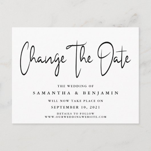 Minimalistische Elegante Hochzeit ändert das Datum Ankündigungspostkarte (Vorderseite)