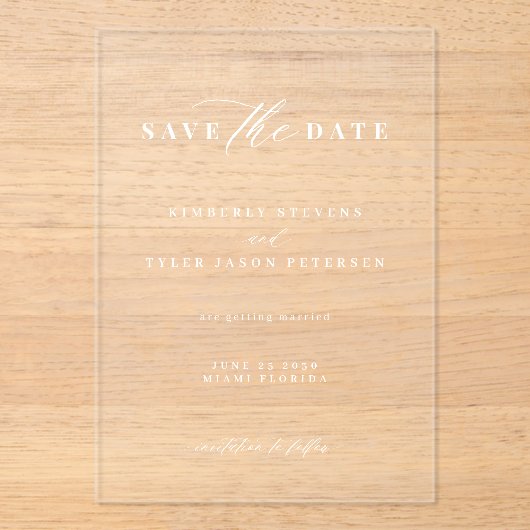 Minimalistische, elegante Hochzeit Save the Date Acryleinladungen (Vorderseite)